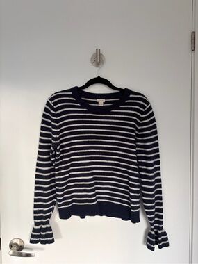 J.Crew Navy Ivory Striped Ruffle-Cuff Sweater M